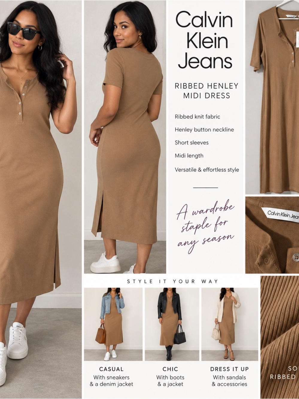 Calvin Klein Jeans Ribbed Henley Midi Dress - Camel Brown